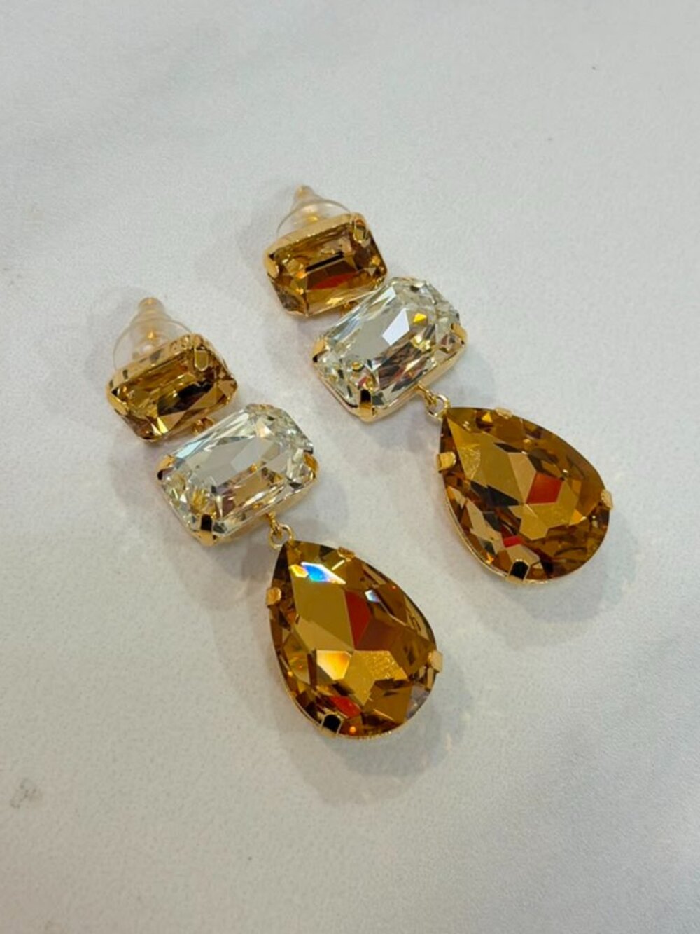 Gold Drop Earrings with Clear and Champagne Stone Luxury Jewelry